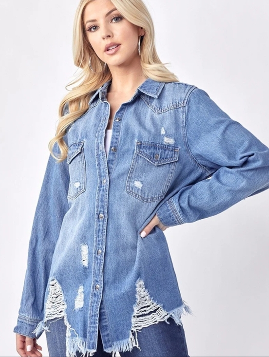 Risen Jeans Tops - Risen Denim Shirt Button Down Distressed Large